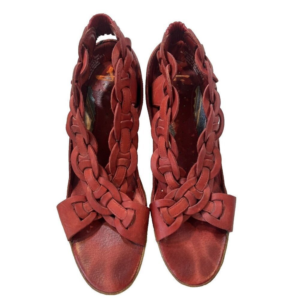 J. Shoes Nicole Red Braided Leather Open Toe Wedge Heel Shoes Women's SIZE 9.5